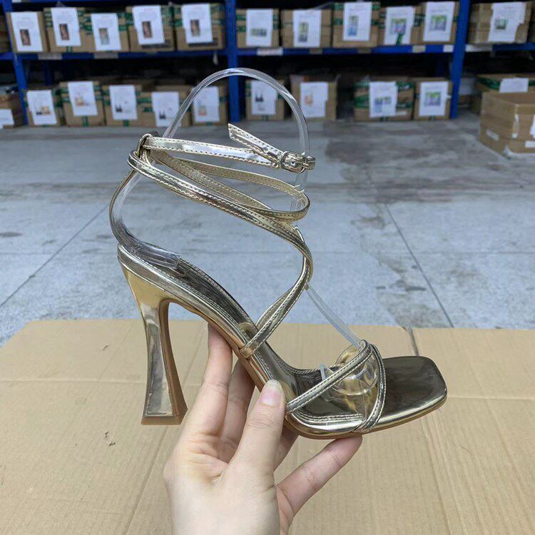 外贸原单新款夏季时尚百搭交叉绑带方头露趾系带细跟高跟凉鞋