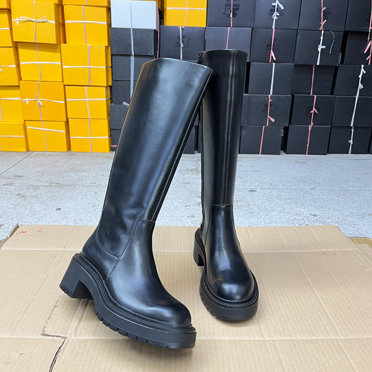 圆头厚底粗跟侧拉链长靴骑士靴