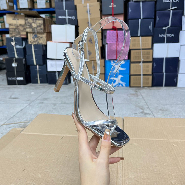 外贸原单工厂优惠鞋时尚shoes方头纯色细跟高跟带钻一字扣凉鞋