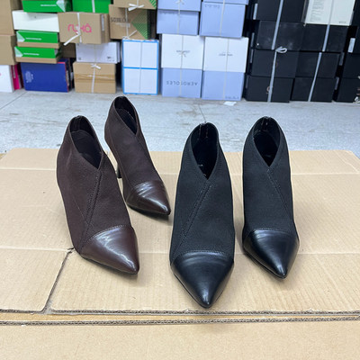 尖头纯色拼接细高跟针织裸靴单鞋