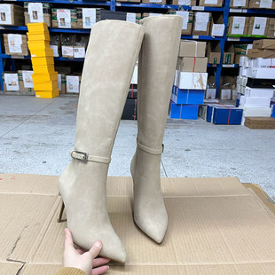 长靴 外贸原单女靴微瑕尖头纯色细跟皮带扣侧拉链时装 Lady Shoes