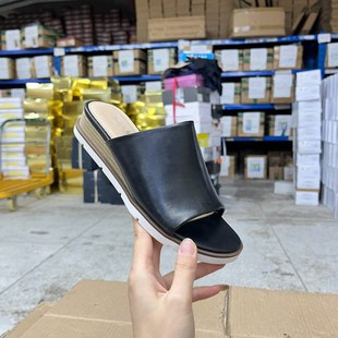 气质百搭舒适一脚蹬凉拖鞋 外贸原单女鞋 shoes圆头坡跟拼色时尚