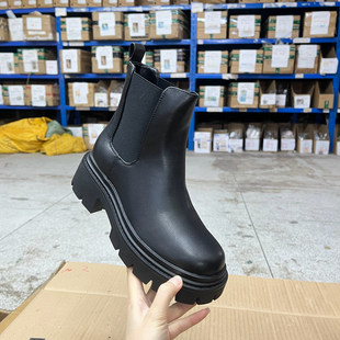 圆头纯色厚底粗跟套筒时装 时尚 短靴 Shoes外贸原单女靴新款 Lady