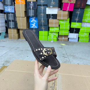 凉鞋 外贸原单shoes女鞋 圆头纯色铆钉金属扣平底拖鞋 真皮新款 时尚