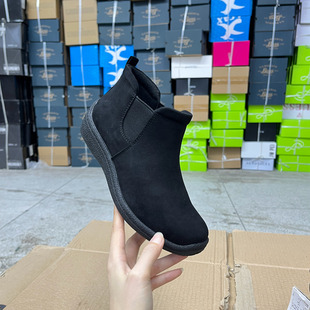 外贸原单女靴新款内里加棉保暖时尚圆头纯色平底套筒短靴及踝靴