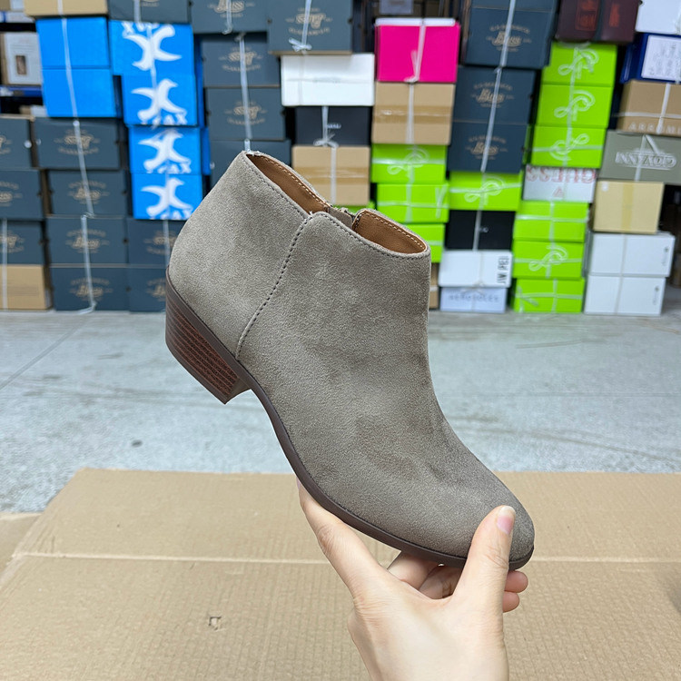 纯色粗高跟侧拉链时尚短靴及踝靴