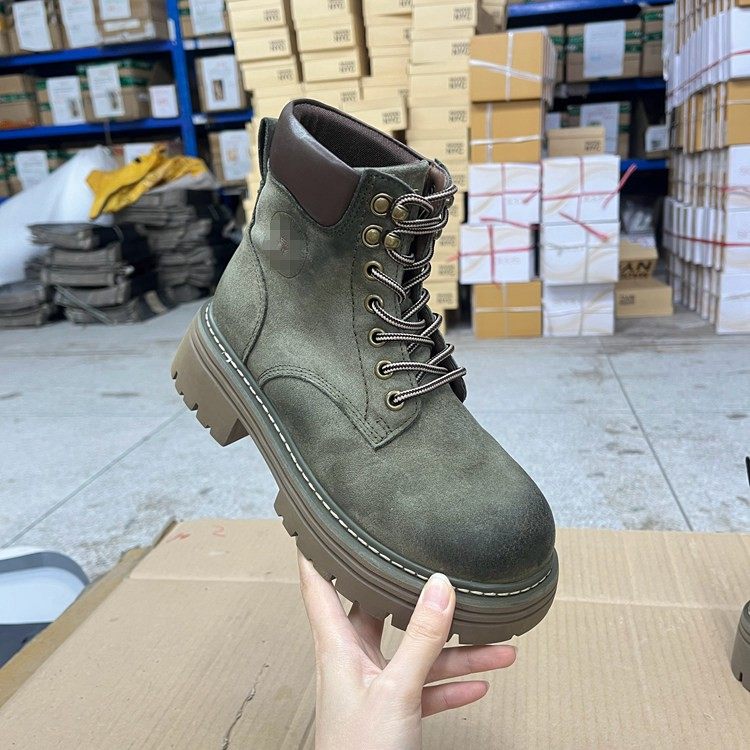 Lady Shoes外贸原单女靴真皮微瑕时尚圆头粗跟系带工装短靴马丁靴