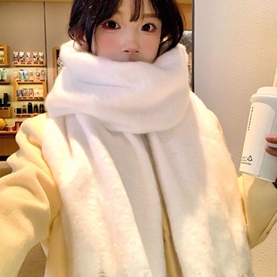 白色围巾女冬季氛围感加厚保暖纯色防寒韩系女主马海毛围脖披肩