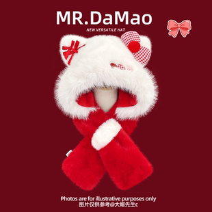 日系红色蝴蝶结猫咪耳朵毛绒帽子围巾一体女冬防寒保暖护耳二件套