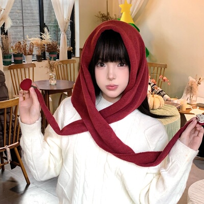 可爱苹果红色针织三角围巾女秋冬