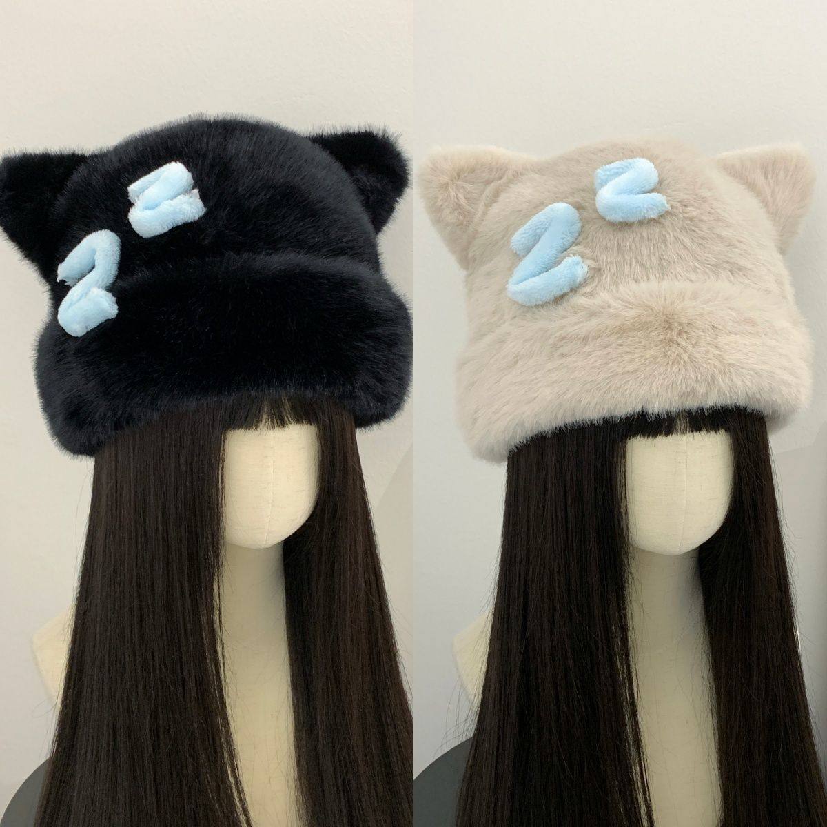 日系emoji困觉帽子冬季保暖猫耳毛绒护耳包头亚文化秋冬个性表情