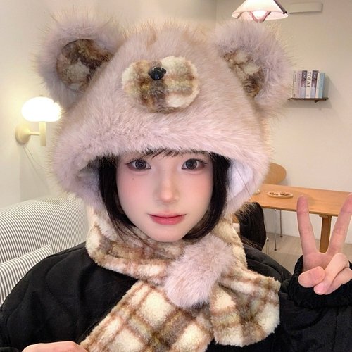 可爱格纹小熊帽子冬季围巾一体女