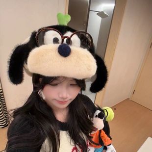 高飞Goofy布鲁托黑白雷锋帽一帽两戴可爱毛绒保暖护耳帽子学生