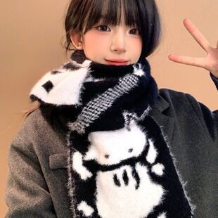 原创设计黑白双面吉他猫毛绒围巾女秋冬保暖防寒情侣护颈围脖男潮