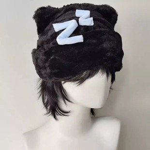 日系个性表情emoji困觉帽子冬季保暖猫耳毛绒护耳包头亚文化秋冬