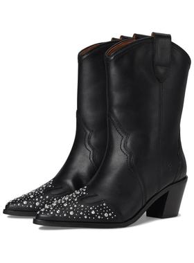 代购FRYE女士牛仔靴透气缓震轻便防滑尖头金属铆钉翼尖设计粗跟