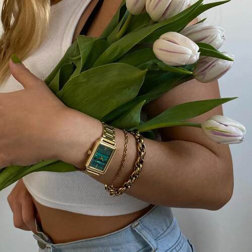 代购CLUSE Fluette 复古方形手表女表金色钢带绿色表盘石英表 CW