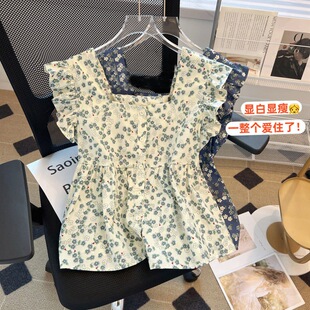 露脐小衫新款短袖法式2025辣妹衬衫碎花夏装飞飞袖雪纺短款泡泡袖