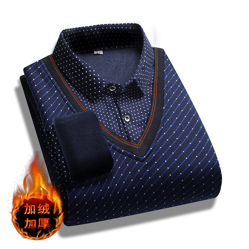 中老年秋冬季男士假两件针织开衫百搭衬衫领外套男毛衣内搭