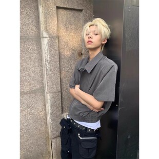 cleanfit短款垫肩拉链短袖衬衫男夏季感痞帅半袖夹克衬衣外套