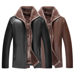 加绒加厚皮夹克直播厂家 外套中老年爸爸男装 海宁皮衣男士 冬季
