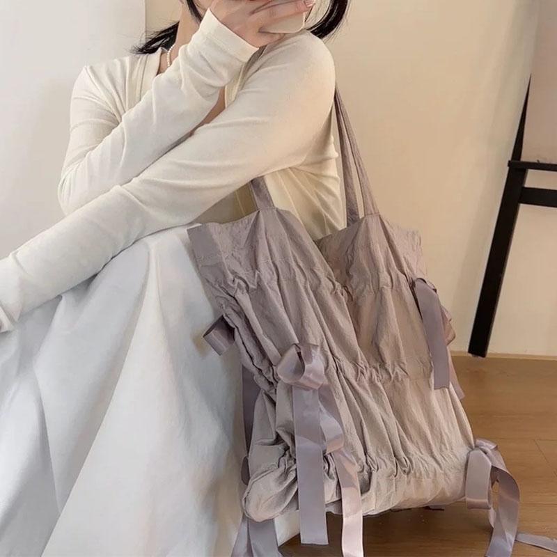 韩国潮牌SO同款少女风JK蝴蝶结托特包小众尼龙抽绳褶皱单肩大包