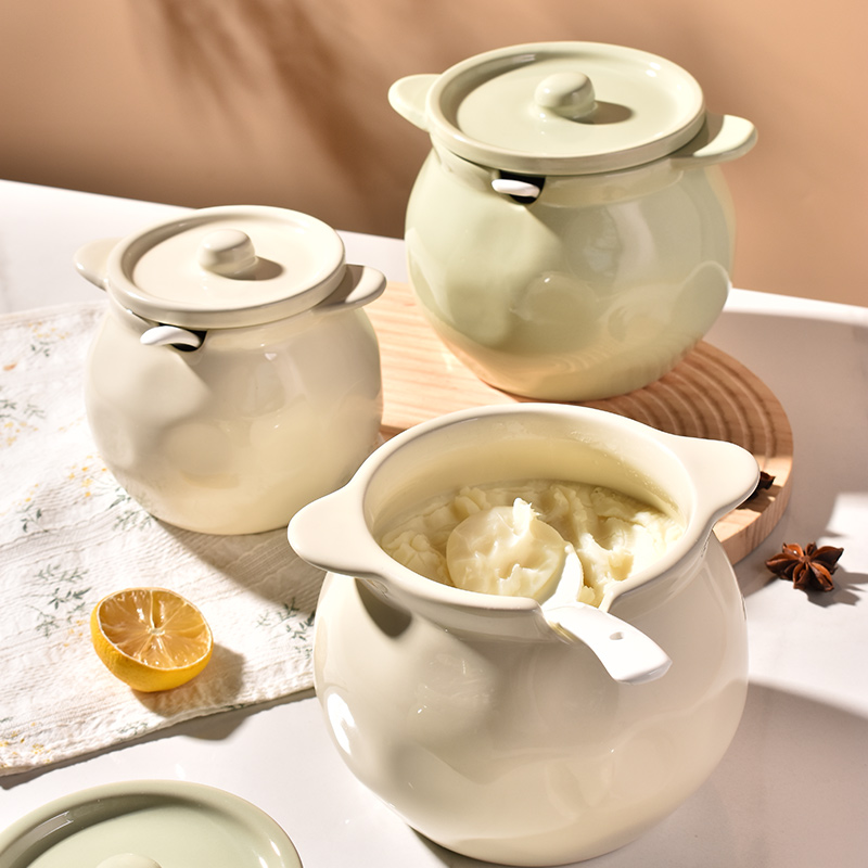 奶油风陶瓷猪油罐带盖耐高温