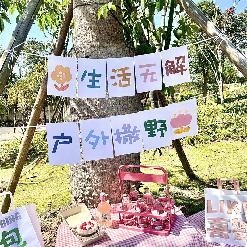 网红ins野餐郊游装饰拍照道具户外春游生日派对露营拉旗场景布置