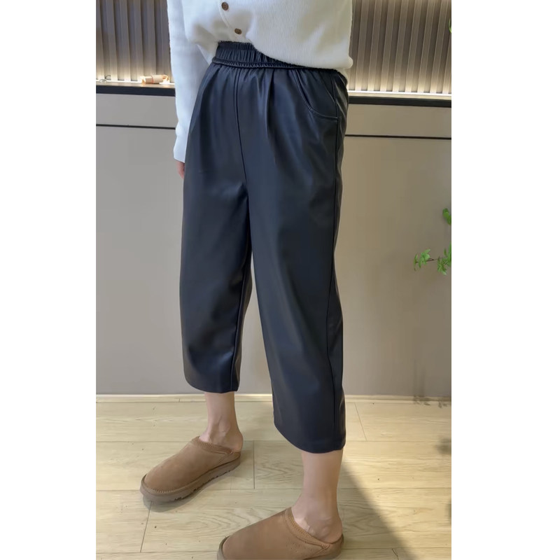 欧货2025年秋冬新款PU皮哈伦裤女松紧腰弹力显瘦百搭九分休闲裤子
