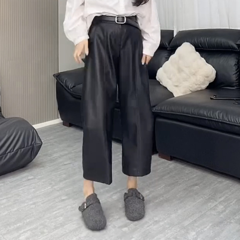 欧货2026年春秋廓形阔腿裤女宽松九分pu皮裤黑色小个子洋气休闲裤,女装/女士精品,休闲裤,淘宝优惠券,粉丝福利购,淘宝优惠卷