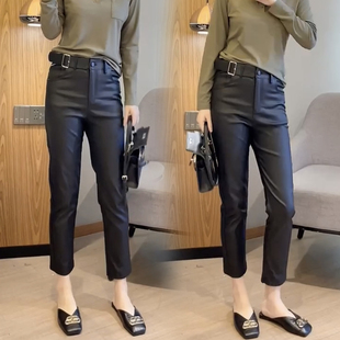 欧货新款涂层皮裤女自带腰带弹力显瘦直筒裤时尚打底修身九分裤潮