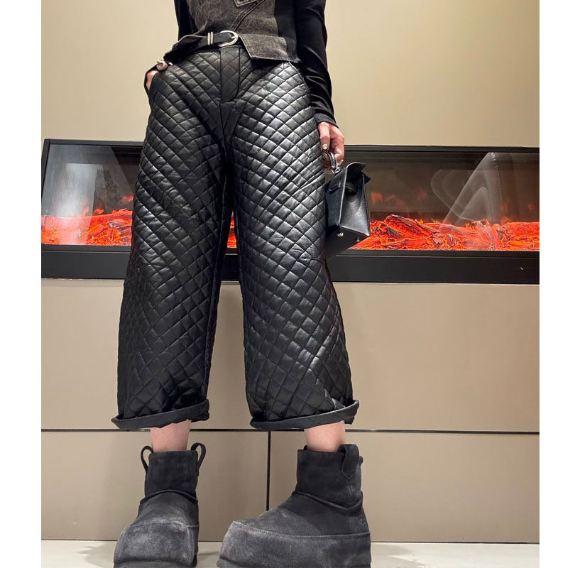 欧货秋冬菱格纹夹棉pu皮休闲裤女洋气百搭阔腿裤宽松显瘦九分裤子