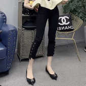 九分铅笔裤 欧货夏季 脚弹力百搭时尚 女松紧腰不规则裤 潮 纽扣纸皮裤