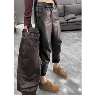 弯刀九分休闲龟壳裤 女宽松显瘦阔腿裤 子 外穿pu皮裤 2024秋冬新款