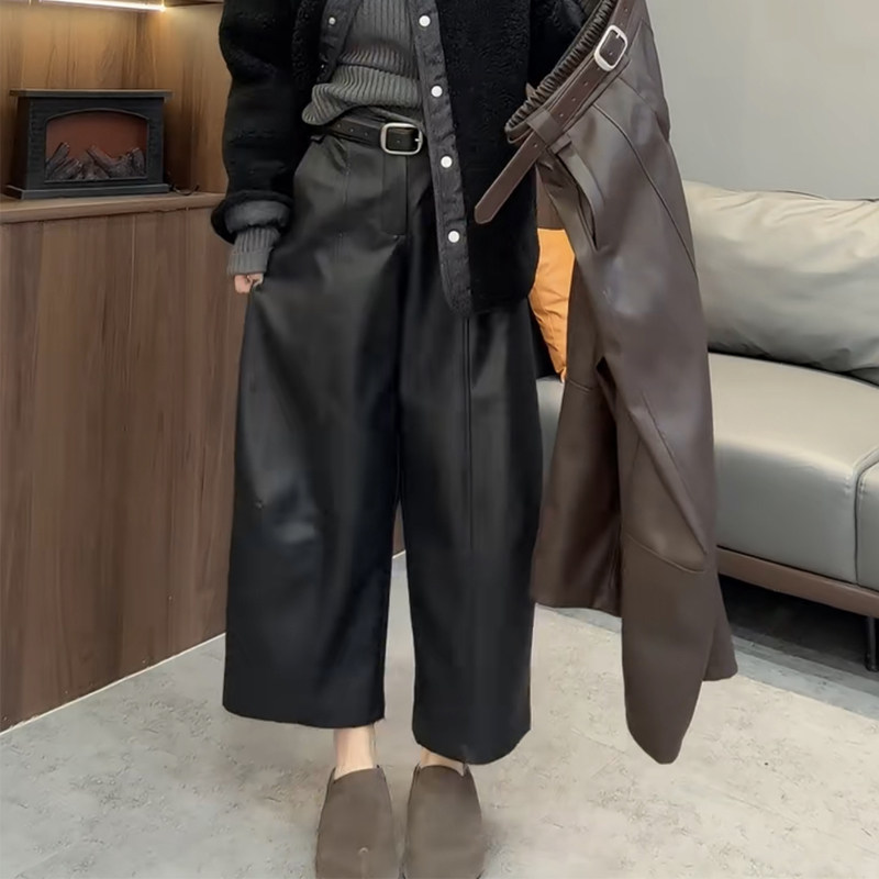 欧货秋冬新款竖线PU皮阔腿裤女宽松显瘦百搭九分裤洋气直筒休闲裤