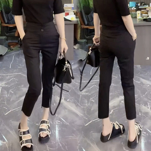欧货夏季新款纸皮裤女多纽扣高腰显瘦休闲裤前短后长打底九分裤潮