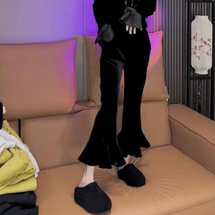 2025春秋新款黑色丝绒喇叭裤女松紧腰时尚百搭复古花边九分休闲裤