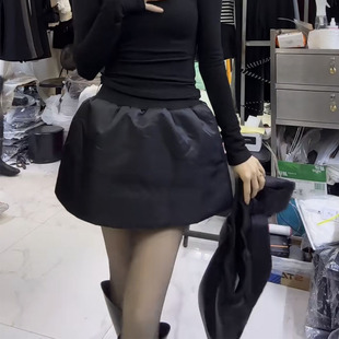 欧货秋冬黑色夹棉花苞半身裙女松紧腰A字短裙百搭显瘦酷感蓬蓬裙