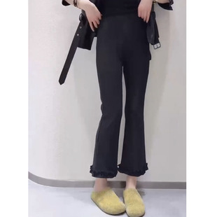 2025春夏新款木耳边微喇裤女高腰显瘦百搭弹力休闲裤花边九分裤子