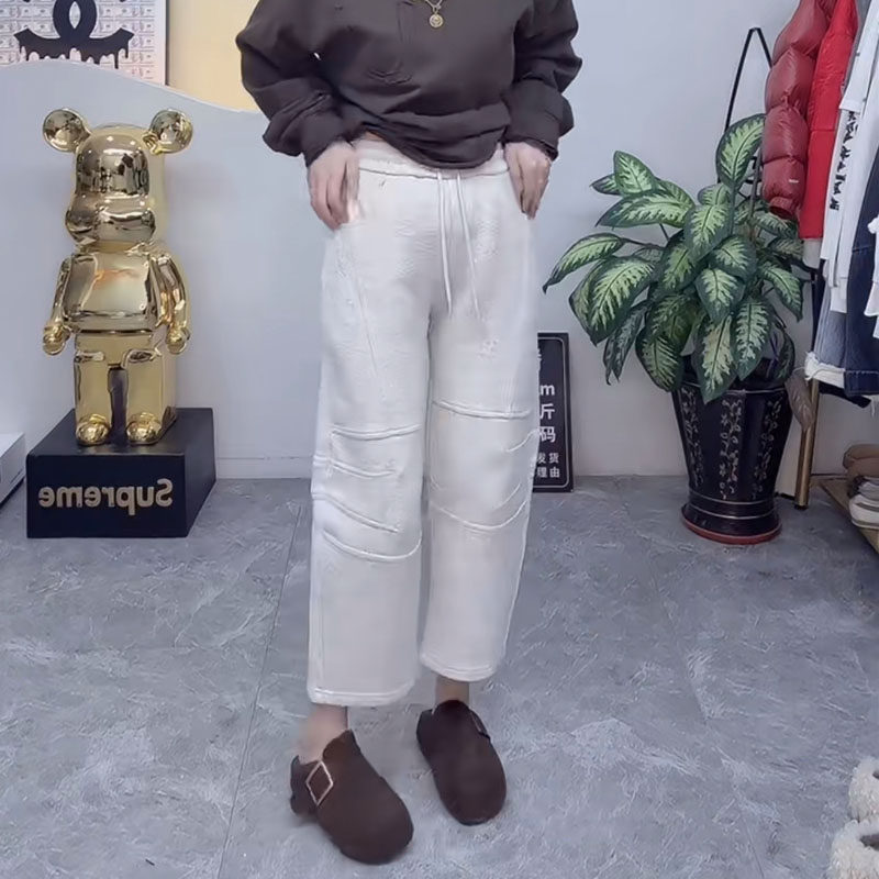 欧货秋冬新款高腰直筒卫裤女宽松拼接显瘦休闲小个子九分运动裤子