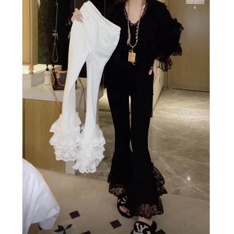 2024秋冬新款蕾丝花边拼接直筒裤女百搭显瘦铅笔裤九分休闲裤子