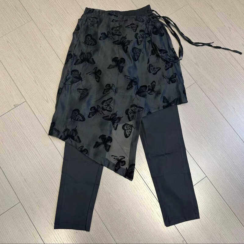 欧货夏季新款蝴蝶拼纱围裙裤女松紧腰弹力百搭系带假两件九分裤潮