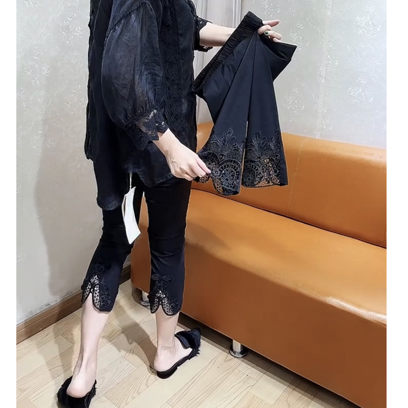 欧货春夏新款刺绣蕾丝拼接七分裤女松紧腰显瘦百搭休闲微喇纸皮裤