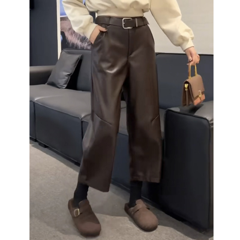 欧货秋冬新款韩版PU皮九分阔腿裤女宽松百搭显瘦时尚洋气休闲裤子
