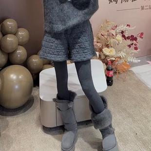 百搭靴裤 欧货秋冬新款 时尚 女宽松遮肉显瘦阔腿裤 高级灰压格棉短裤