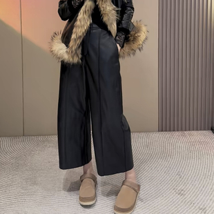 欧货秋冬洋气一粒扣竖线pu休闲皮裤 潮 女松紧腰宽松百搭显瘦阔腿裤