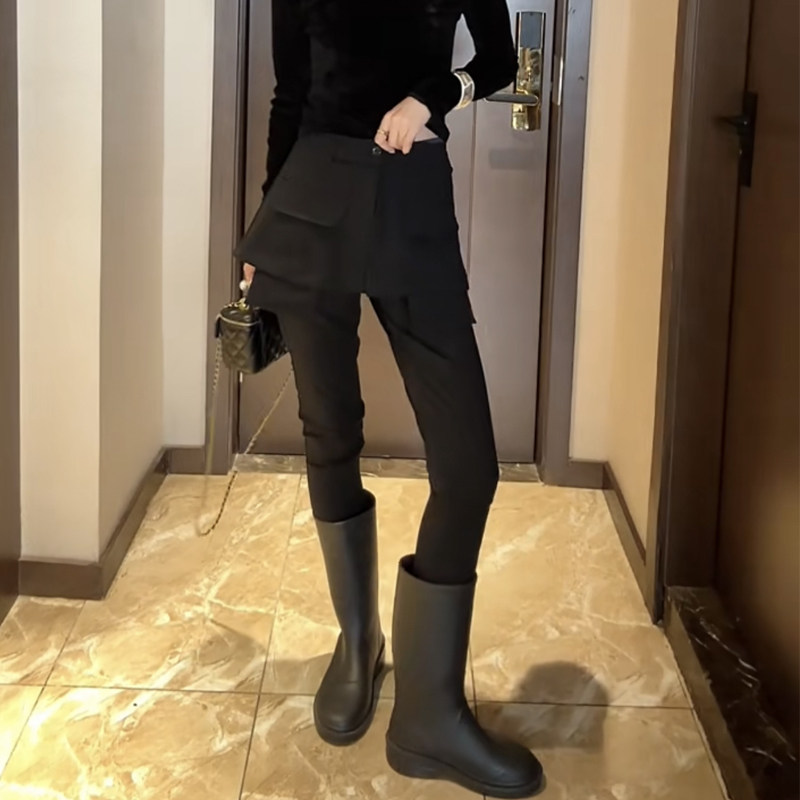 2023年秋季新款假两件休闲裤女帅气时尚围裙裤弹力显瘦直筒九分裤