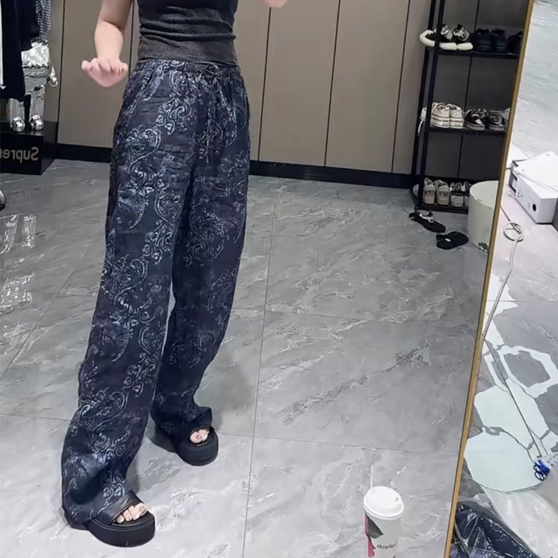 复古印花麻料休闲裤女直筒阔腿裤