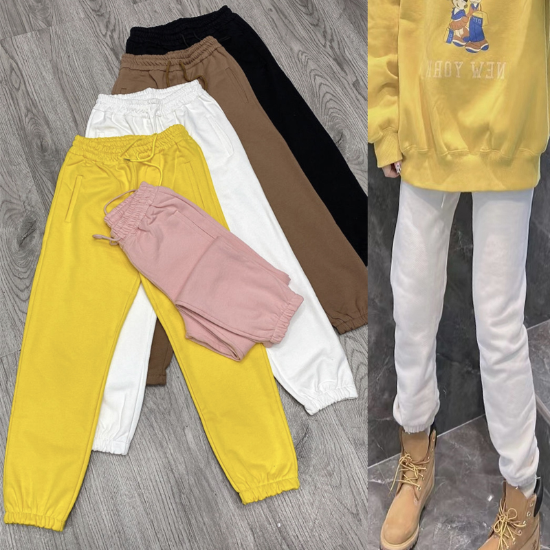 欧货春秋糖果色卫裤女松紧腰直筒显瘦毛圈白色运动休闲小脚九分裤