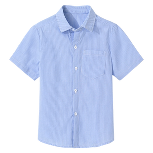 儿童装蓝色条纹衬衫男童短袖衬衣男孩中大童校服半袖学生表演出服